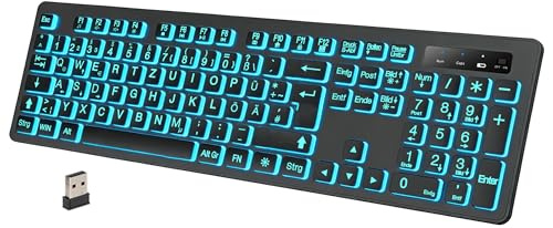 Großdruck Kabellose Beleuchtete Tastatur– 7 umschaltbaren Hintergrundfarben | QWERTZ, Drahtlos DE-Vollformat-Tastatur mit Ziffernblock, verstellbaren Füßen, für Büro, Homeoffice & Windows PC