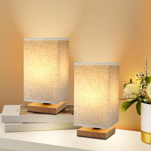 Nachttischlampe 2er Set,Kleine Tischlampe Mit Kabel,Holzsockel Lampe | Lampenschirm aus Leinenstoff, Modern Tischleuchte Mit Glühbirne für Schlafzimmer, Wohnzimmer, Schreibtisch, Kinderzimmer
