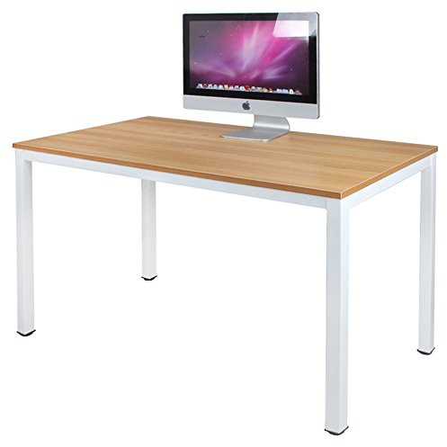 DlandHome Computertisch Holz Schreibtisch 120 x 60 cm Laptop PC Tisch, Moderner Bürotisch Arbeitstisch Konferenztische Esstisch aus Holz und Stahl für Büro und Zuhause,Teak/Weiß