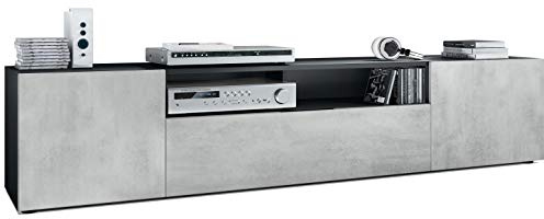 Vladon Lowboard Mogan, TV-Kommode mit 2 Türen, 1 Klappe und 1 offenes Fach, Schwarz matt/Beton Oxid-Optik (181 x 39 x 35 cm)