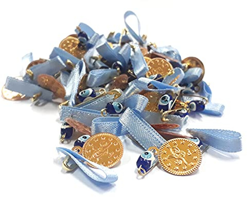 Perlin Nazar Boncuk Gastgeschenke 100 Stück Böser Blick Glücksbringer Hellblau Evil Eye mit Sicherheitsnadel Münze Tugra und Band Hochzeit Taufe Babyparty