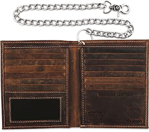F&L CLASSIC Mens Chain Wallet Large Capacity| RFID Blocking | Buffalo vintage Leather | Bi-Fold Big Hipster | w/White stitching,186,ws-buff-chain