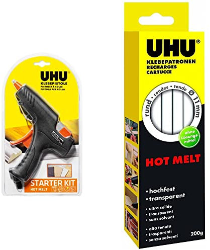 UHU Heißklebe-Set - Heißklebepistole Hot Melt Starter-Kit mit Hot Melt transparenten Klebepatronen, 11 mm Durchmesser, 200 g, transparent