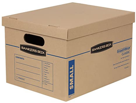 10 BANKERS BOX Strong Moving Boxes, SmoothMove Classic 32 Litre Cardboard Storage Boxes for Moving, Packing Boxes, Tape-Free Assembly, Easy Carry Handles, 38cm x 33cm x 26cm, Brown