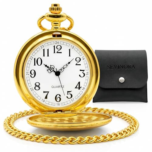 Sevinora Taschenuhr Vintage – Glattes Gehäuse mit Innen-Gravur – Präzises Quarzwerk – Klassische Uhr mit 37cm Clip-Kette – Römische Zahlen – Retro Geschenk für Herren & Damen inkl. Etui