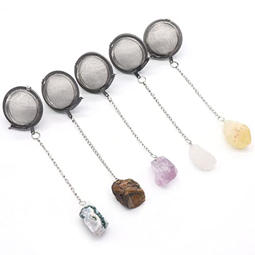 5 Pcs Tea Filter Stainless Steel with Crystal Energy Stone Tea Strainers with Fine Mesh Extend Chain Hook Tea Ball Infuser for Loose Tea Leaves Spices Seasonings