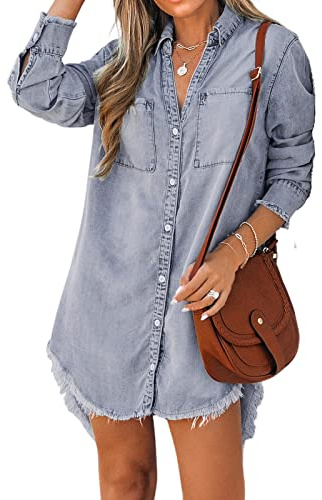 CUPSHE Camicia da donna in denim Mini abito a tunica casual oversize autunno manica lunga orlo sfilacciato top camicetta con tasche, Blu, XL