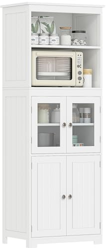 HOMCOM Freestanding Kitchen Cupboard, 4-Door Storage Cabinet in White | Adjustable Shelf, Glass Doors, Dining Room, Living Room, Kitchen Storage Organisation