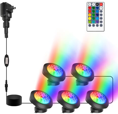 CREPOW RGBW Pond Lights with Timer,18 LED Super Bright Underwater Submersible Fountain Lights,Remote Control IP68 Waterproof Color Changing Spotlights for Fish Aquarium Tank Garden Pool (Set of 5)