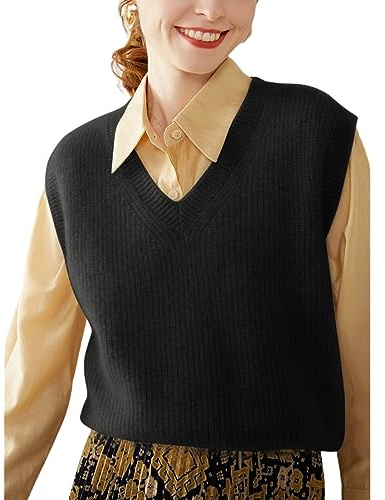 DISSA Pull Cachemire sans Manche Femme Col V Noir Solide Couleur Tricoté en Vrac épais Pull en Cachemire et Laine,38,SH308