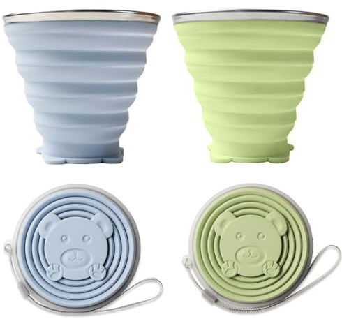 Faltbarer Becher, 2 Stück Faltbecher Silikon, Faltbarer Reisebecher Faltbare Silikon Becher mit Deckel Wiederverwendbares für Picknick Camping Outdoor Wandern Reisen 270 ml Himmelblau Matcha Grün