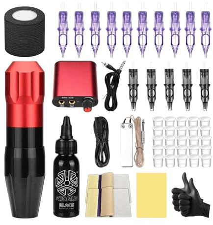 ATOMUS Red Tattoo Pen Kit Cartridge Rotary Complete Professional Tattoo Machine for Beginners(AT03)