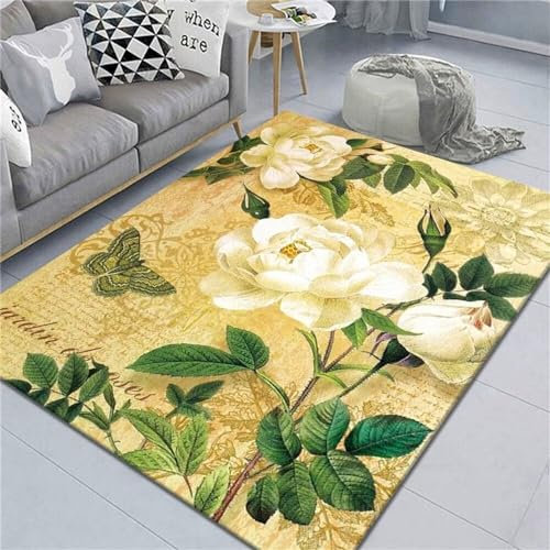 RUGMRZ Fleckerlteppich Salon Auslegware Grüne Blätter weiße Blumen Wohnzimmer Teppich rechteckig Sofa Zubehör Kaffeetisch Teppich 60X90CM