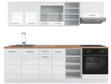 Vicco Küchenzeile R-Line, Küchenblock, Weiß Hochglanz/Weiß, 240 cm, AP Eiche