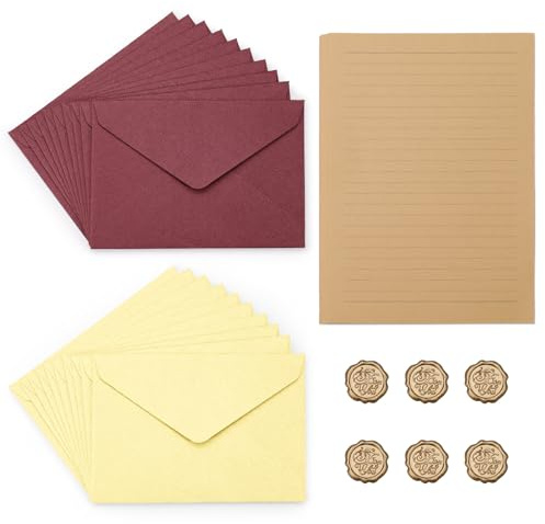 LELE LIFE 46-teiliges Vintage Schreibwaren-Set: 20 linierte A5 Briefpapiere + 20 Umschläge (10 beige, 10 kastanienbraun) + 6 Wachssiegel-Aufkleber für Briefschreiben, Liebesbriefe, Einladungen & mehr