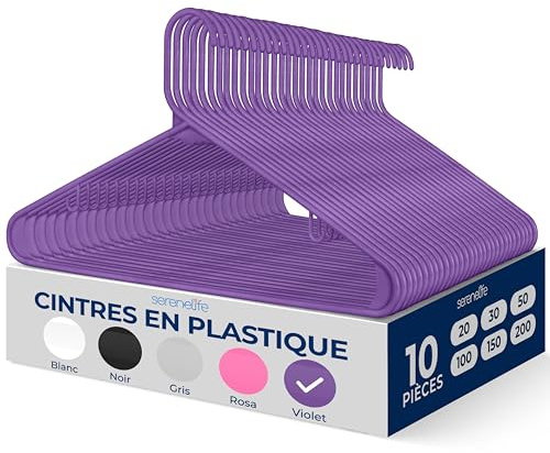 SereneLife Cintres - Cintres en Plastique - Antidérapants - Porte-Vêtement Fins et Gain de Place - pour Chemises, Pulls, Sweats, Vêtements Enfants et Robes - Ultra-Fins - Légers - Lot de 10 - Violet