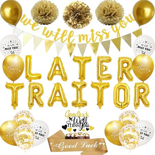 Leaving Party Decorations Balloons Banners - 33 Pcs Retirement Decoration Including Gold We Will Miss You Banner Later Traitor Balloon Good Luck Cake Topper Colleagues Moving Away Supplies for Women