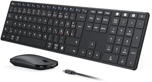 seenda SKM64-3 Bluetooth Tastatur mit Maus, 3 Geräte Verbindung, Ultradünne | Leise Funkmaus, Tastatur Maus Set Kabellos für Windows/Mac/iPad/Android, QWERTZ Layout(Schwarz)