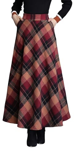 Damen Hohe Taille Lang Rock Elegant Winterrock Kariert Maxirock Wollrock A-Linie Winter Röcke Retro Faltenrock Red L
