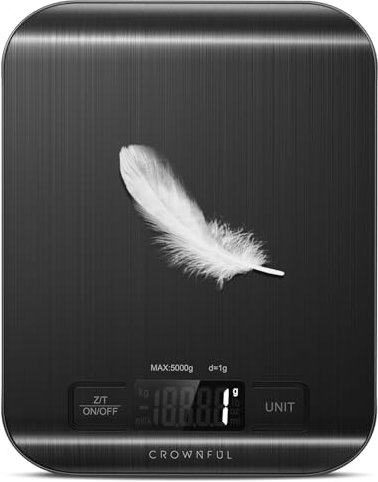 CROWNFUL Báscula digital de cocina de 11 libras con batería de moneda integrada, peso de onzas y gramos para cocinar y hornear, 6 unidades con función de tara, pantalla LCD, acero inoxidable 304,