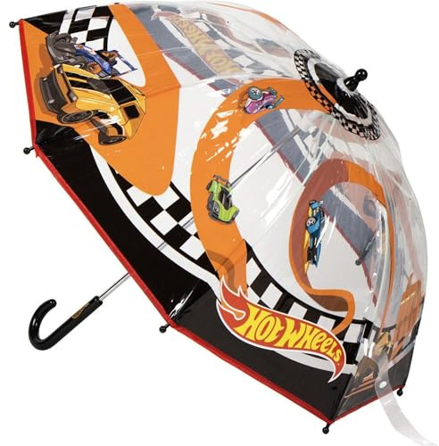 Ombrello manuale Poe Bolla Hot Wheels – Ombrello per bambini con design a cupola trasparente e auto da corsa, apertura sicura e aste rinforzate per bambini fan della velocità, Hot Wheels, T45C:45 CM