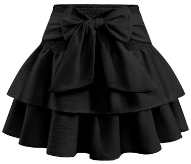 Timormode Women's Girls Bow Mini Skirt Flowy High Waisted Ruffle Hem Short Skirts Cute Boho A-Line Layered Skater Skirt TMS8005 Black L