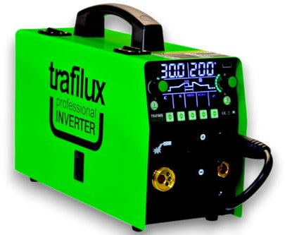TRAFILUX Saldatrice professionale MIG/MAG/TIG/MMA 200A, doppio impulso, sinergia, 8 kg, display LED, 18 canali di memoria