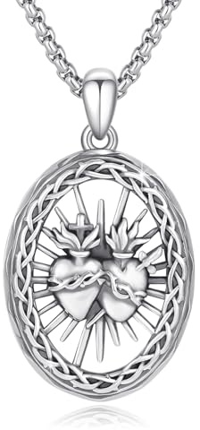 YEESIA Collier en argent sterling 925 avec pendentif en forme de cœur sacré, médaille sacrée, amulette de foi, bijouterie religieuse, cadeau pour femmes et hommes, 28*22 cm, Argent sterling, Pas une