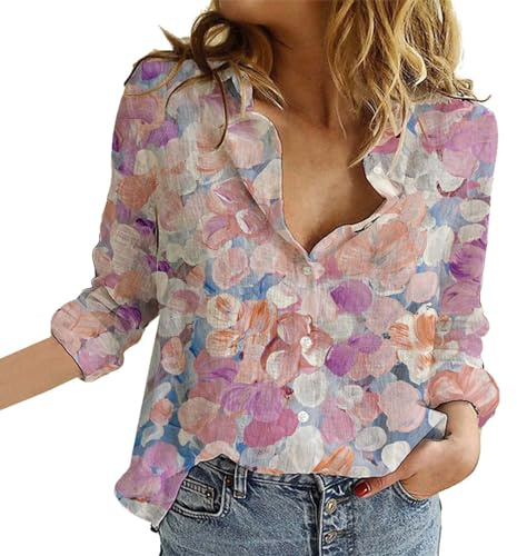 Camicette Donna Curvy Camicie Lino Leggera Camicia Manica Lunga Boho Maglietta Casual Floreale Camice Elegante Fantasia Taglie Forti Tunica Cotone E Lino Vintage Blusa Estiva con Bottoni Scollo a V