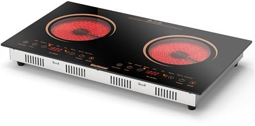 Karinear Double Ceramic Hob 13amp Plug in Ceramic Hob 2 Zone Electric Hob 9 Power Level up to 2800W with Timer Safe Lock