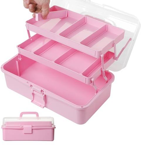 Sampoes 3-Regal Mehrzweck-Aufbewahrungsbox, 33 cm Einstellbare Sortierbox, Bastelkoffer, Nähkasten, Medizinkoffer, Organizer Box mit 2 Regalen für Bastel Make-up (Rosa)
