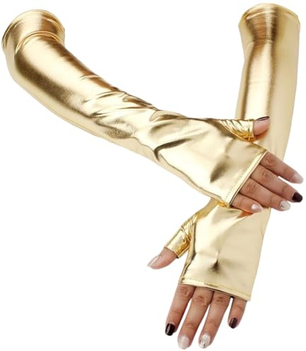 CALFOVERA Fingerlose Handschuhe für Damen Glänzende Metallische PU Leder Lange Halloween Handschuhe Silberne Stulpen Gothic Punk Sexy Party Kostüm Armwärmer Armstulpen Für Rock Und Bühnenauftritte
