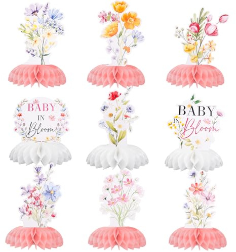 lasuroa 9uds Centros Mesa con Diseño de Panal Flores, Decoración de Mesa para Baby Shower con Temática Flores Silvestres Suministros para Fiestas Cumpleaños