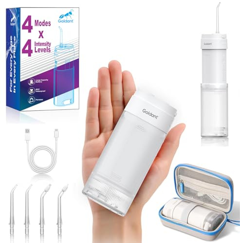 GOLDANT Travel Water Flosser for Teeth Cordless, 4 Modes & 4 Intensity Levels, Mini Portable Oral Irrigator with Carry Case, Removable Tank, IPX7 Waterproof Dental Flosser for Home, Braces (White)