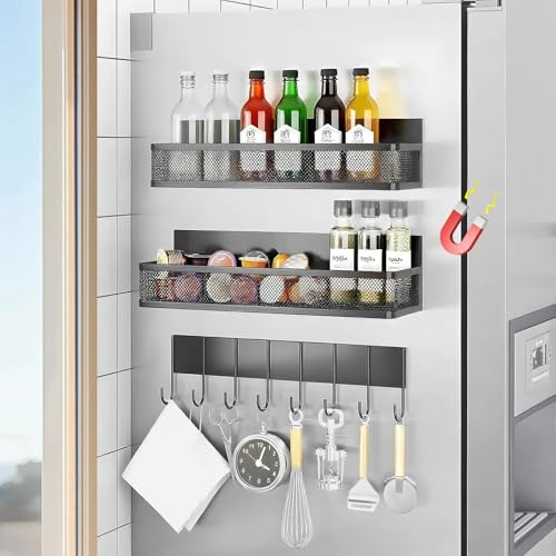 Aurobest 3 Pack Magnetic Spice Rack for Refrigerator, Moveable Storage Shelf with 10-Hooks Rack, No Drilling Required Magnet Shelves, Fridge Metal Seasoning Organizer, Kitchen Organization (Black)