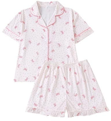 JiAmy pyjamas för flickor, sommar, kortärmad nattkläder, button-down-båge, tryck, pyjamas, 2-delat set, nattkläder, 7-12 år, Rosa prick rosett, 11-12 Years