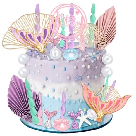 30 Pcs Mermaid Cake Toppers Set, Shiny Mermaid Tail Bubble Ball Shells Ginkgo Biloba Patterned Seaweed Starfish Under the Sea Cupcake Decorations for Ocean Themed Birthday Party Supplies