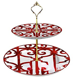 Assiette à dîner Plateau de Service Rouge métallisé for dîner, Mariage, collation, gâteau, Plateau à Fruits, Plat en Porcelaine esthétique for décoration Table(Two Layer Cake Rack)