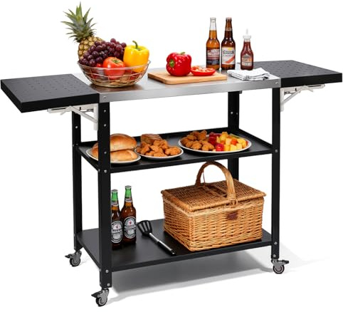 BREUAILY Gourmet Grilltisch Klappbar Servierwagen 3 Etagen Küchenwagen | Grillwagen Beistelltisch