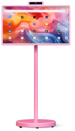 32 Portable Smart TV with Android 15, 1080P Touch Screen Monitor on Wheels, EDLA-Certified, 8GB+128GB Storage, 5MP Camera, 10H Playing Time, Rotatable Display, Wireless Casting, Voice Remote Control