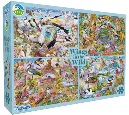 Gibsons RSPB Wings in the Wild 4 x 500 Piece Jigsaw Puzzle Set for Adults – Four Beautiful Bird & Nature Scenes by Janice Daughters – Premium Multi‑Box Puzzle Collection - Great Gift