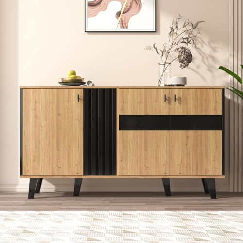Generisch Grand buffet avec lumière LED, buffet design assorti en bois et noir, 140 x 78,5 x 41 cm