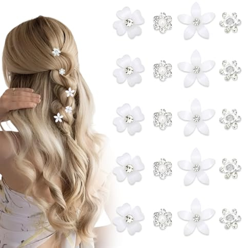 CATZUM 20 pezzi Mini fermagli dolci con strass in metallo, a forma di fiore, accessori capelli sposa, mollette donna, decorazioni per capelli per matrimoni e donne (4 motivi floreali) (Bianco)