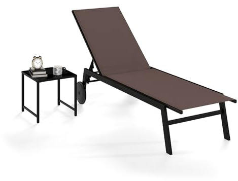 COSTWAY Lettino Prendisole da Giardino con Tavolino, Schienale Rgolabile 5 Livelli, 2 Ruoti, Sdraio da Patio in Tessuto Traspirante, per Piscina Terazza, Portata 150+50 kg (Marrone)
