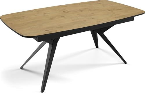 Esstisch Groß XXL Ausziehbar Oval Rechteckig im Loft-Stil – 180 bis 380 cm – Konferenztisch mit Schwarzen Metallbeinen für 8-16 Personen – Eiche Hell Braun