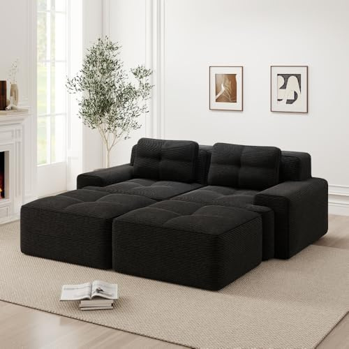 Hmluxury U-förmiges Boneless Corduroy Cloud Sofa, modulares Wohnzimmer Sofa mit Ottomane und Tiefsitz, montagefrei, Schwarz