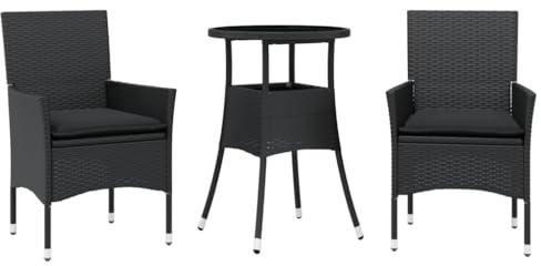 Qnhdfrt 3-TLG. Gartenmöbel Set, Bistro-Set mit Glastisch und 2 Stühlen, Balkonmöbel Sitzgruppe aus Poly Rattan, Schwarz, für Terrasse, Garten und Außenbereich