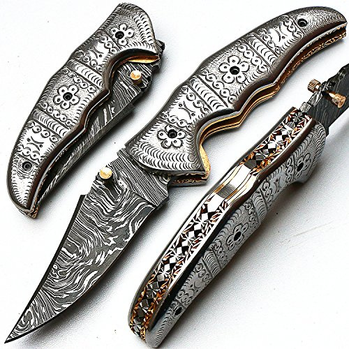 8744 Couteau Damassé Couteau main – handgefertigtes Couteau Acier Damas – Couteau pliant – Couteau de chasse Couteau – Couteau de poche – Collection – avec fourreau en cuir