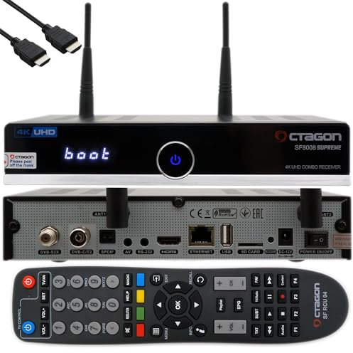 OCTAGON SF8008 4K UHD HDR Single Sat Ricevitore DVB-S2X Multistream, E2 Linux IPTV Smart TV Box, Media Server, PVR con funzione di registrazione, incluso cavo HDMI e chiavetta WiFi (2TB interno