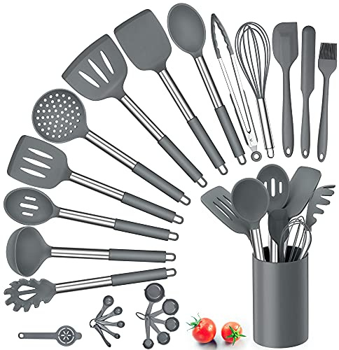 Herogo Set di 25 utensili da cucina in silicone con supporto, set di posate resistenti al calore, manico in acciaio inox, antiaderente, contenitore grigio
